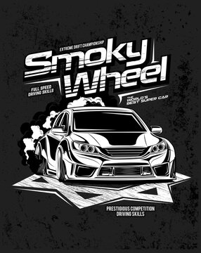 smoky wheel, illustration of a drift sports car