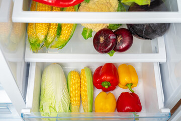 Fridge shelf full of fresh vegetables close up