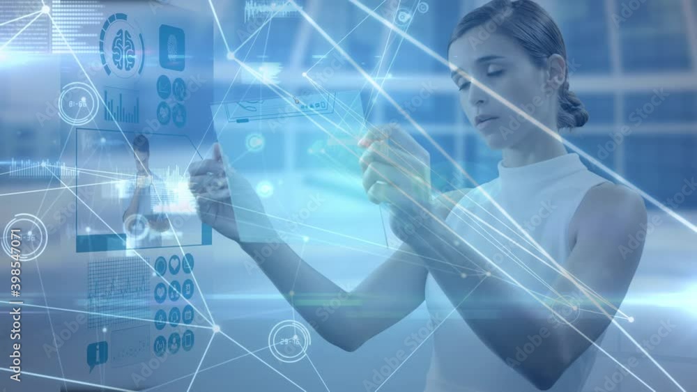 Poster digital animation of digital interface with data processing against woman holding futuristic screen