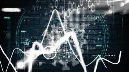 Animation of covid 19 cells over statistics and data processing - Powered by Adobe