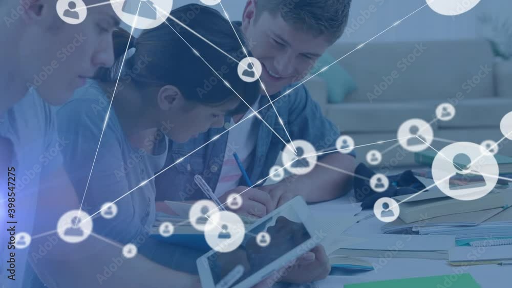 Poster animation of network of connections with icons over students working together