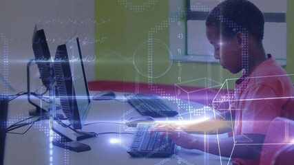 Animation of data processing over schoolboy using computer - Powered by Adobe