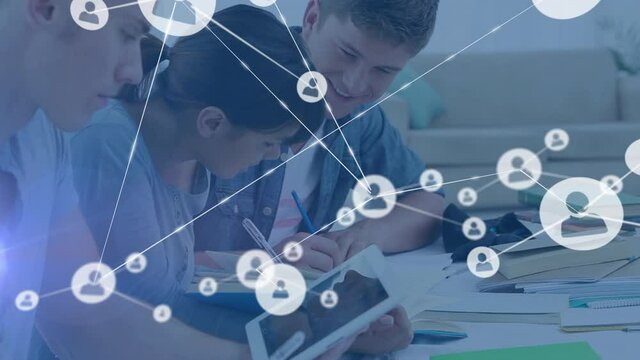 Animation of network of connections with icons over students working together