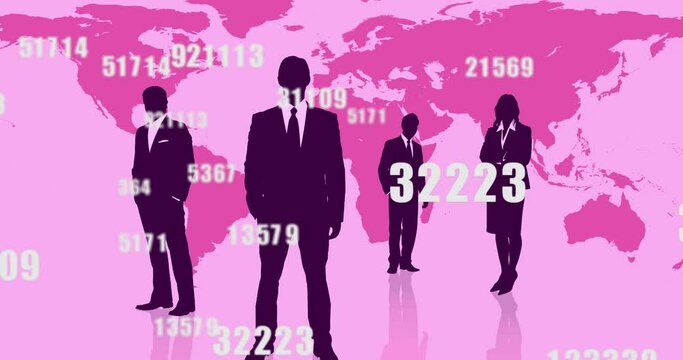 Animation of numbers changing over people silhouettes and world map