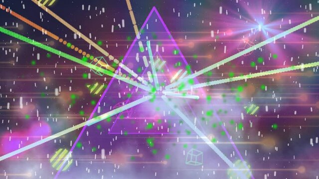 Animation of multiple rays of light and purple triangle with white falling spots