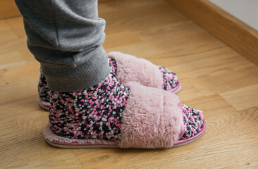 Cute fluffy pink house slippers. Super colorful winter socks. 