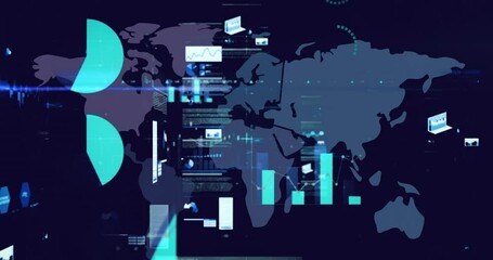 Digital animation of digital interface with data processing against world map on blue background - Powered by Adobe