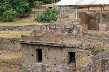 Italy, Pompeii 12,07,2019 Archaeological ruin of ancient Roman city, Pompeii, was destroyed by Eruption of Vesuvius, volcano nearby city in Pompeii