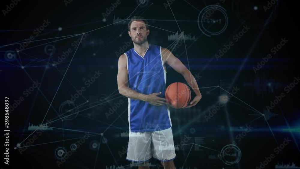 Poster animation of male basketball player, digital interface and data processing