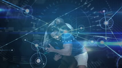 Animation of two male rugby players in scrum and network of connections - Powered by Adobe