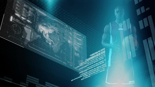 Animation of male basketball player, screen, digital interface and data processing