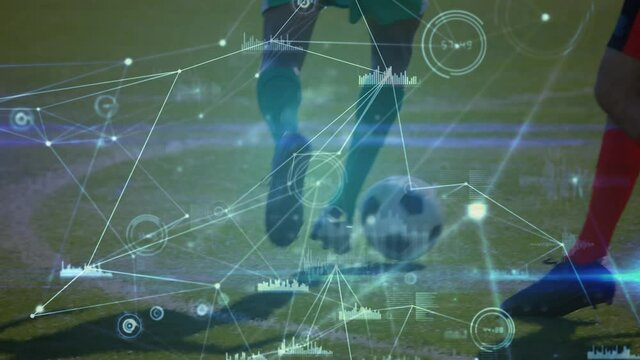 Animation of male football players kicking ball and network of connections