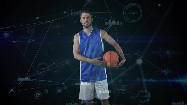 Animation of male basketball player, digital interface and data processing
