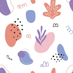 Abstract seamless pattern with hand drawn botanical and geometric shapes. Pastel natural colors.