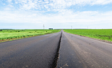 Fototapeta na wymiar New asphalt road surface on the background of green and yellow fields to the horizon. The level of old and new asphalt. Highway on the background of a rural landscape. Horizontal line the roadside 