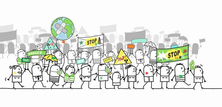 Cartoon Protesting and Walking group of People - Ecological