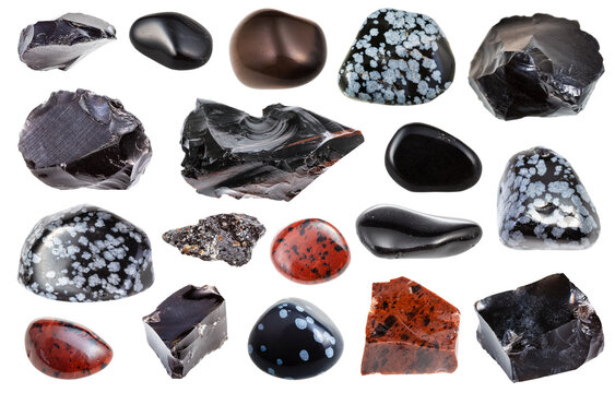collage from various Obsidian (volcanic glass) natural mineral gem stones and samples of rock isolated on white background