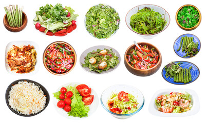 Fototapeta na wymiar collage from various vegetable salads isolated on white background