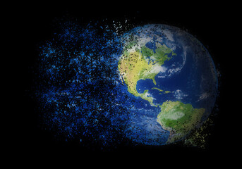 Illustration with the simulation of disintegration of the planet earth