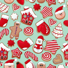 Gingerbread cookies pattern. Christmas cookies print. Many types christmas sweets. Happy New Year delicious pattern. Gingerbread house, gingerbread man cookies print. Christmas glazed cookie wallpaper