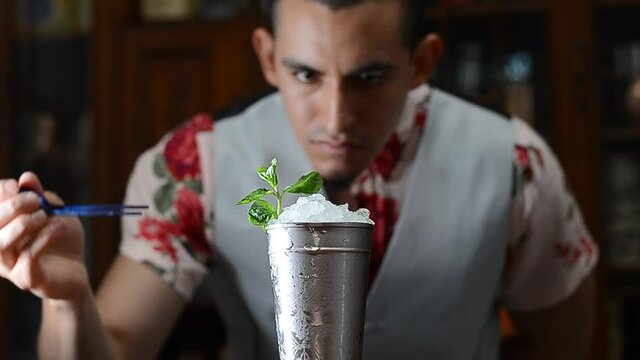 Bartender decorating mint julep cocktail in metal glass with ice