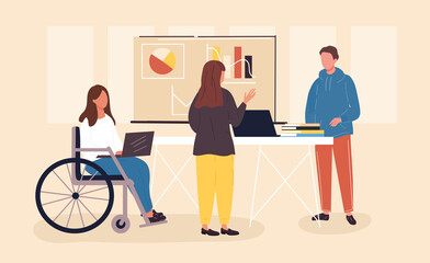 Inclusive workplace concept. Millennials working in the office, teamwork, young adults communicating at work, inclusive collective. Flat cartoon vector illustration with fictional chatacter