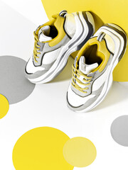 Bright scene with casual chunky sneakers and huge confetti in main colour of the year 2021. ...