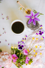 Obraz na płótnie Canvas Floral tea shop and cafe. Coffee flowers and honey