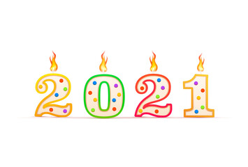 2021 year number shaped birthday candle with fire on white
