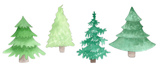 Fototapeta premium Hand painted watercolor pine trees set illustration, forest, nature, Christmas and New Year design.