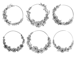 Frames, Circles Collection. Set of 6 Black Doodle Hand Drawn Decorative Outlined Wreaths with Branches, Herbs, Plants, Leaves and Flowers, Florals. Vector Illustration. 