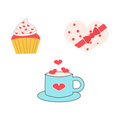 Cute tea cup, cupcake and box of sweets. 14 february, Valentine s Day, Love, wedding concept. Flat illustration.