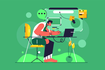 The guy designer is engaged in working at the computer, drawing on a graphics tablet, virtual displays isolated on a green background, flat vector illustration