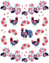 Patterned cockerels and hens with wings in the form of paisley, flying butterflies and bouquets of red flowers on a white background. Fabulous print for fabric, wallpaper. Russian folk motif.