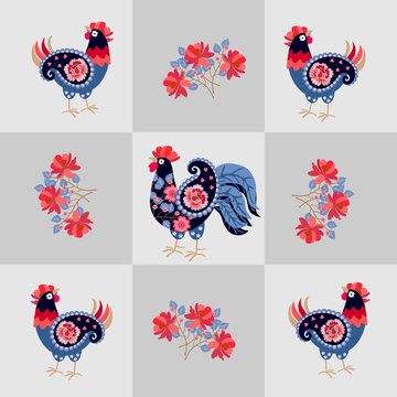 Hens and rooster with wings in shape of paisley and bunchs of red garden flowers. Set of ceramic tiles in russian style. Design elements for interior. Beautiful home textile. Doily, pillowcase.