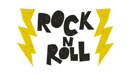 Rock'n'roll music print, cutout style label, graphic design with grunge effect, print stamp, t-shirt artwork. Flat vector illustration, cartoon style isolated.