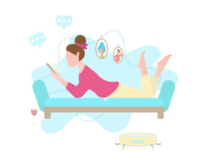 Modern robot vacuum cleaner, great design for any purposes. Isolated vector illustration. Modern vector illustration. Vector background. Woman is resting while robot is working. White background.