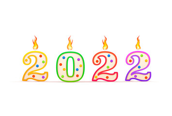 2022 year number shaped birthday candle with fire on white