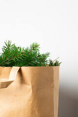Fir branches in a paper craft bag on a white background. Eco friendly Christmas. Zero waste