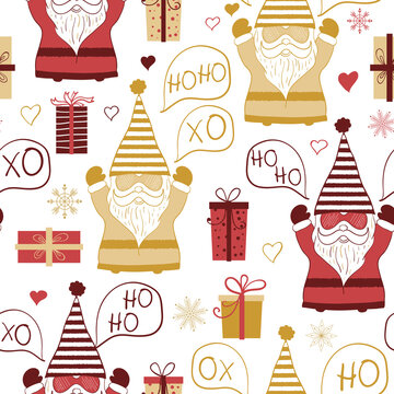 Vector red yellow santa claus hohoho winter seamless pattern print background.