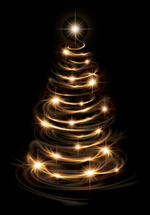Light painting of a Christmas tree with candlelight on a black background, digital illustration