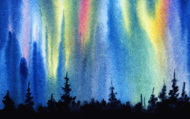 Wonderful watercolor landscape of polar night. Amazing bright shining of rainbow colors above black blurry silhouettes of coniferous forest. Hand drawn illustration of northern lights
