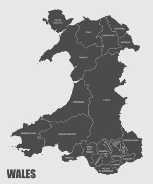 The Wales isolated map divided in regions with labels