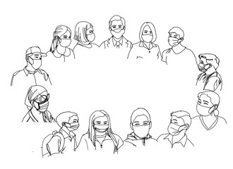People all over the world live a new normal lifestyle. Wearing a mask to prevent infection from an epidemic coronavirus covid-19. Vector line art design of protection concept