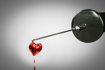 A syringe drips from the needle a drop in the shape of a heart. Medical Healthcare or valentines day or donation concept. 3D illustration