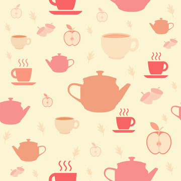 seamless pattern with tea cups, teapot, acorns and apples