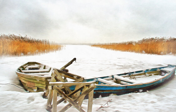 Winter landscape with ice lake and boats colorful painting