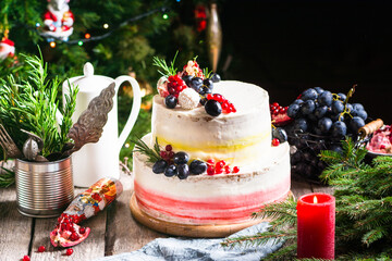 Obraz na płótnie Canvas Christmas fruit cake, winter cake, new year cake, xmas, christmas eve, christmas dessert. still life of food