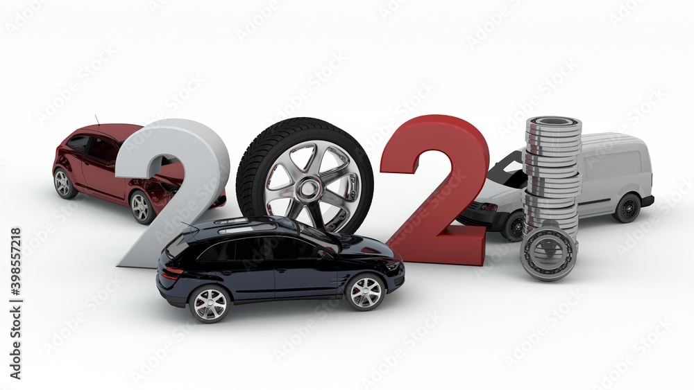 Poster 3d rendering of the new year's date 2021 with a wheel instead of zero and a pack of bearings instead