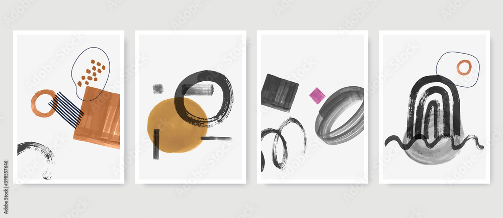 Aufkleber set of abstract posters in minimalist style with primitive hand painted shapes. trendy artistic comp